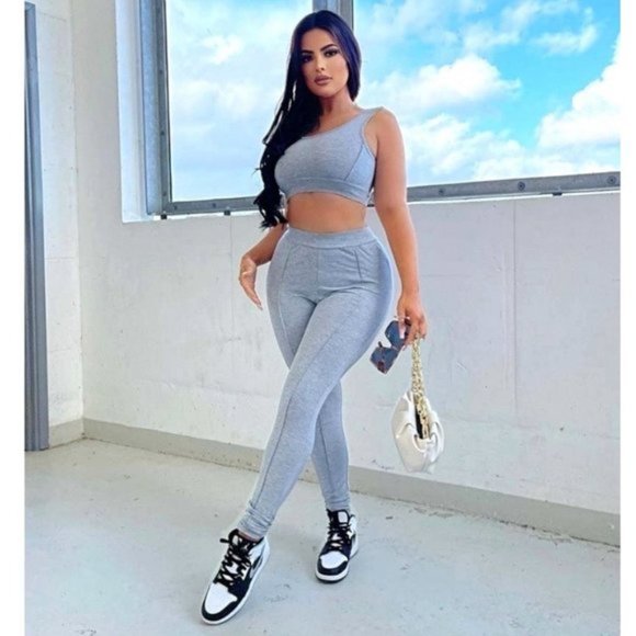 Pants - Gray Sleeveless Crop Top and High Waist Leggings Two Piece Set
